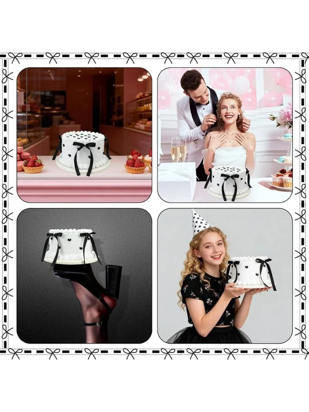 6 Inch Black Bow Fake Round Black and White Cake
